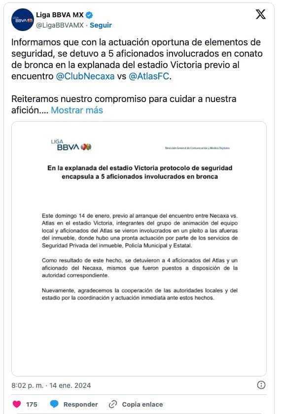 Cinco Arrestados Tras Conflicto Entre Hinchas de Necaxa y Atlas